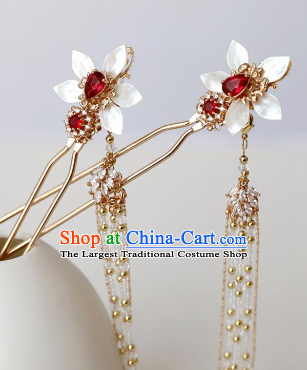 Chinese Ancient Hanfu Red Crystal Shell Hairpin Headwear Women Hair Accessories Golden Beads Tassel Hair Clip