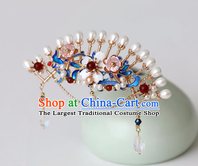 Chinese Ancient Pearls Hair Crown Headwear Women Hair Accessories Ming Dynasty Court Cloisonne Hairpin