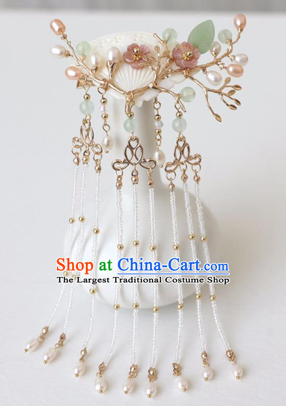 Chinese Ancient Shell Pearls Hanfu Hair Stick Headwear Women Hair Accessories Ming Dynasty Tassel Hair Claw