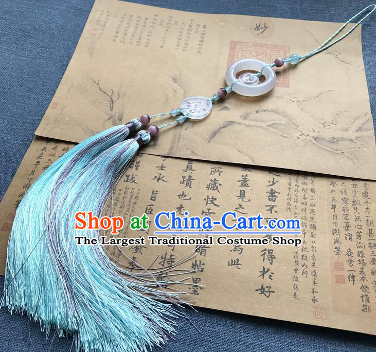 Chinese Ancient Hanfu Carving Lotus Root Jade Blue Tassel Pendant Jade Lappet Jewelry Brooch Accessories