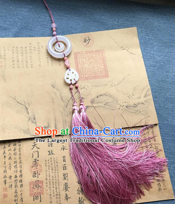 Chinese Ancient Hanfu Carving Lotus Root Jade Pink Tassel Pendant Jade Lappet Jewelry Brooch Accessories