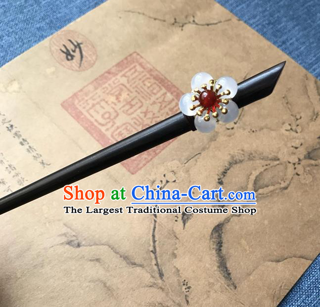 Chinese Ancient Women Opal Plum Hair Clip Handmade Hanfu Hair Accessories Ebony Hairpin Headwear