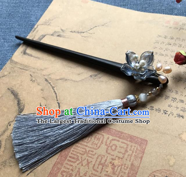 Chinese Ancient Women Blue Flowers Hair Clip Handmade Headwear Hanfu Hair Accessories Ebony Hairpin