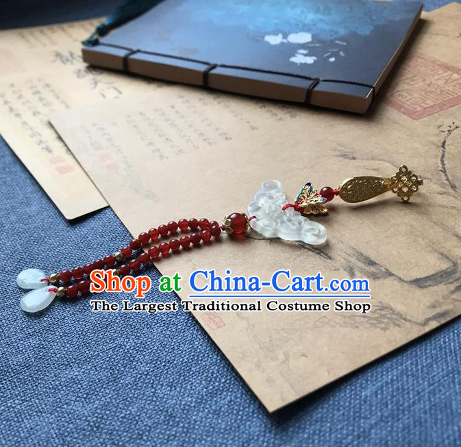 Chinese Ancient Hanfu Red Beads Tassel Pendant Jade Lappet Brooch Jewelry Carving Jade Accessories