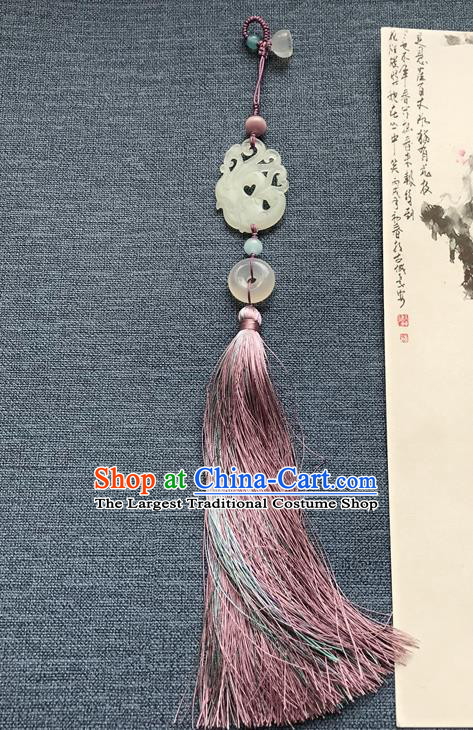 Chinese Ancient Hanfu Carving Phoenix Jade Pendant Lappet Brooch Jewelry Jade Purple Tassel Accessories