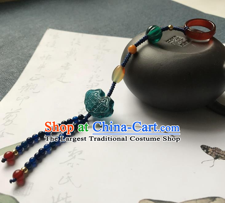 Chinese Ancient Hanfu Blue Beads Tassel Pendant Lappet Brooch Jewelry Green Coloured Glaze Accessories