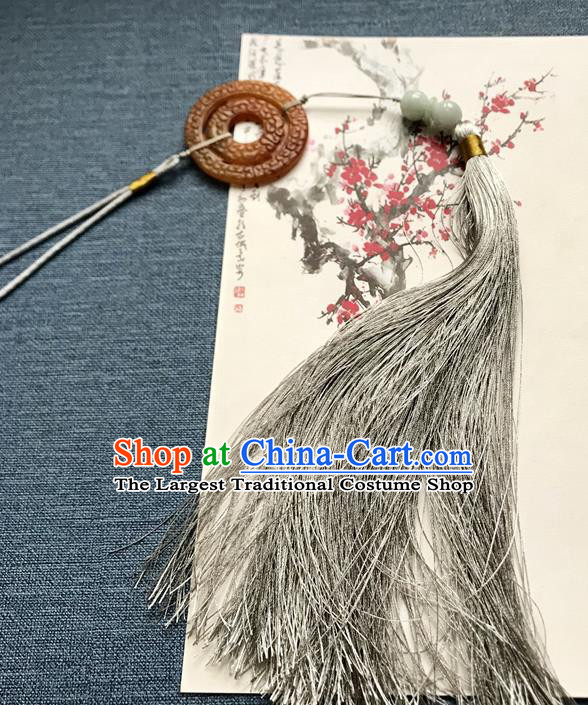 Chinese Ancient Hanfu Grey Tassel Pendant Yellow Jade Brooch Jewelry Accessories Lappet