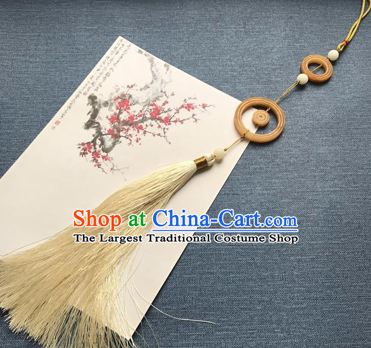 Chinese Ancient Hanfu Beige Tassel Pendant Yellow Jade Brooch Jewelry Accessories Lappet