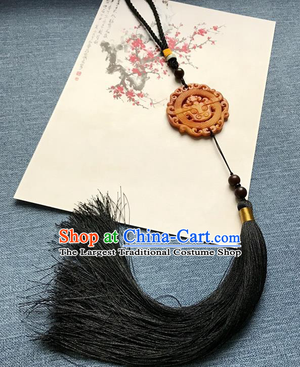 Chinese Ancient Hanfu Black Tassel Pendant Yellow Jade Carving Brooch Jewelry Accessories Lappet