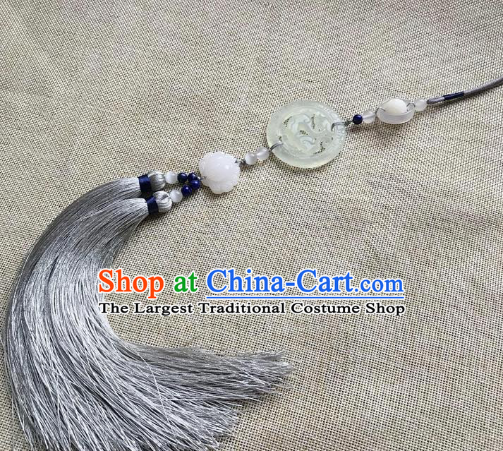 Chinese Ancient Hanfu Grey Tassel Brooch Pendant Jade Jewelry Accessories Carving Dragon Lotus Lappet