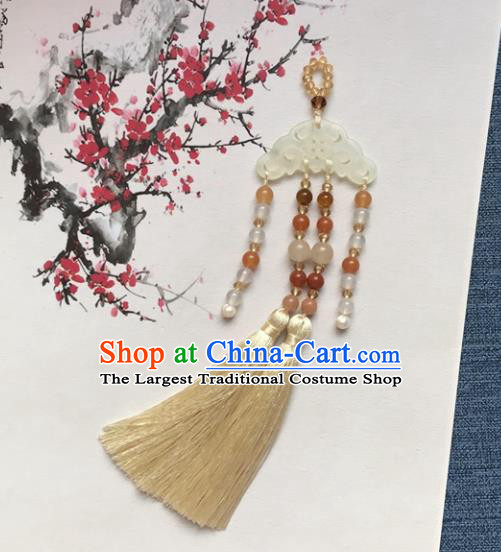 Chinese Ancient Court Hanfu Beige Tassel Brooch Pendant Jade Lappet Jewelry Accessories