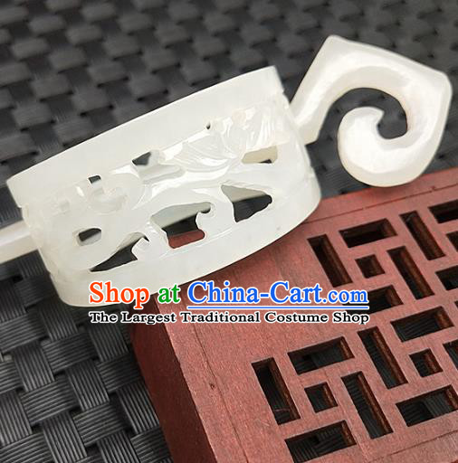 Chinese Ancient Hetian White Jade Carving Hairdo Crown Headwear Hanfu Jade Hairpin Scholar Pierced Hair Accessories