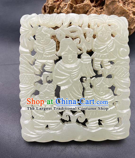 Chinese Ancient Carving Children Jade Accessories Hetian Jade Pendant White Jade Pierced Craft