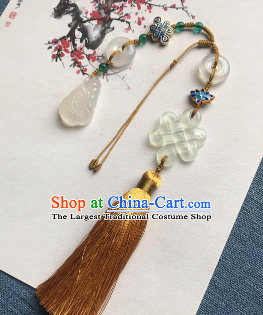 Chinese Ancient Hanfu Golden Tassel Brooch Pendant Jade Knot Jewelry Accessories Cloisonne Lappet