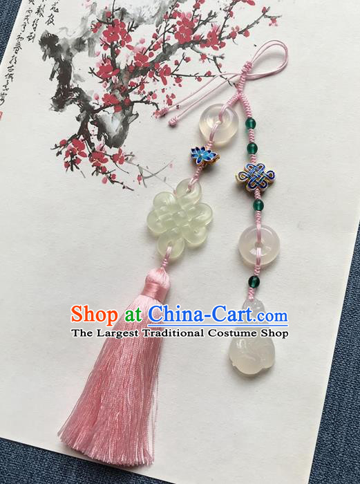 Chinese Ancient Hanfu Pink Tassel Brooch Pendant Jade Knot Jewelry Accessories Cloisonne Lotus Lappet