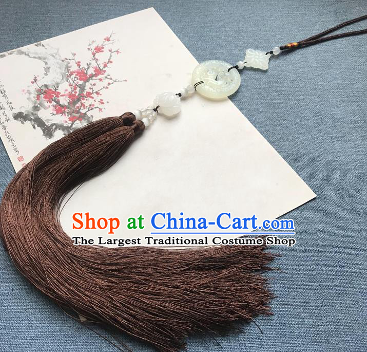 Chinese Ancient Hanfu Brown Tassel Brooch Pendant Jade Jewelry Accessories Carving Dragon Lotus Lappet