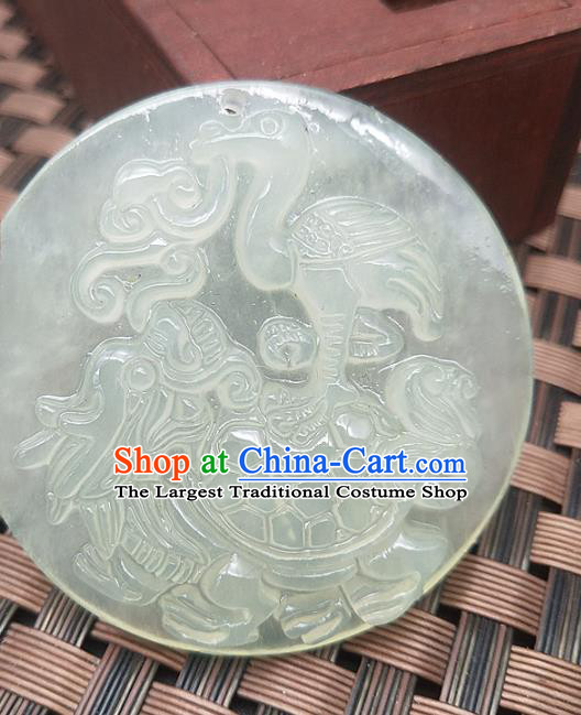 Chinese Handmade Round Jade Necklace Pendant Hsiuyen Jade Label Carving Crane Tortoise Jade Accessories Craft