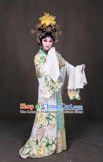 Chinese Peking Opera Garment Costumes the Royal Consort of Tang Female Dan Apparel Hua Tan White Dress and Headwear