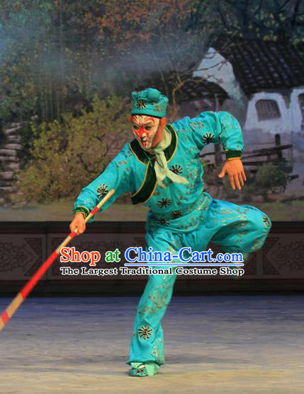 Chinese Peking Opera Wusheng Green Garment Martial Men A Monkey King Costumes Sun Wukong Takefu Apparel Suit and Hat