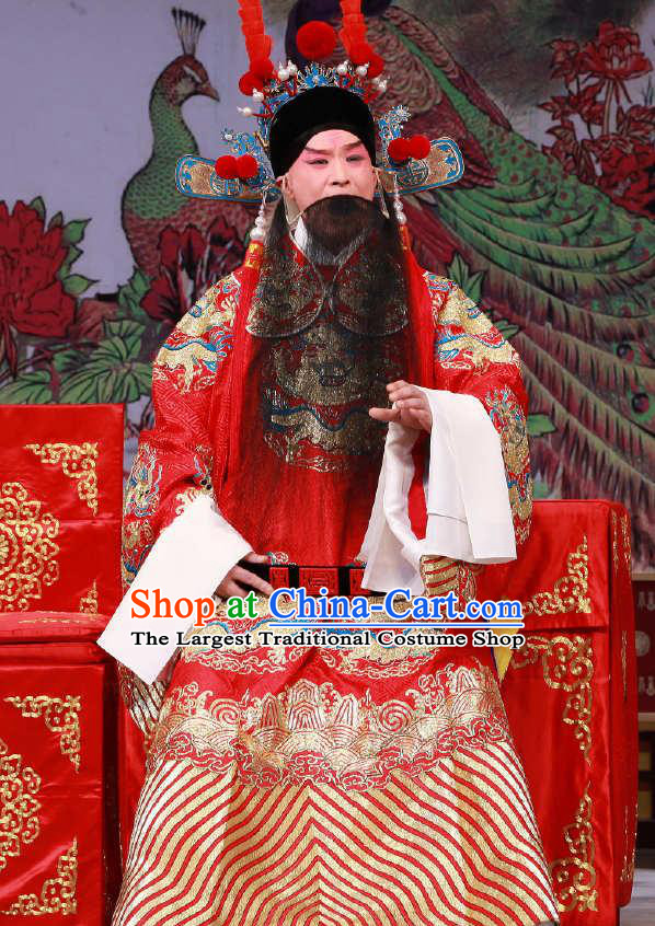 Chinese Peking Opera Old Men Red Embroidered Robe Garment the Fourth Son Visits His Mother Yang Yanhui Apparel Costumes and Hat