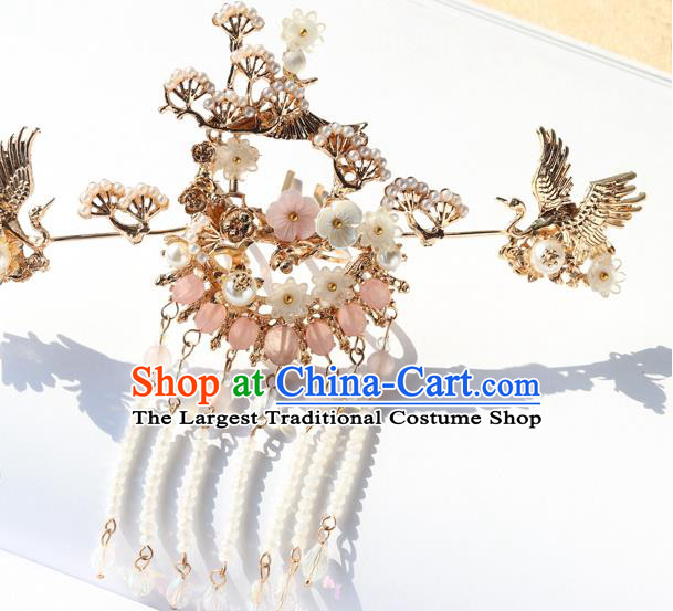 Chinese Ancient Hanfu Tassel Hair Clip Hair Accessories Women Headwear Golden Crane Hair Crown Hairpin Complete Set