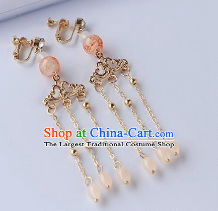 Chinese Ancient Hanfu Pink Beads Tassel Earrings Jewelry Women Ear Accessories