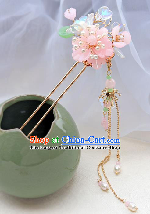 Chinese Ancient Pink Flower Hair Clip Hanfu Hair Accessories Tassel Hairpin Women Headwear