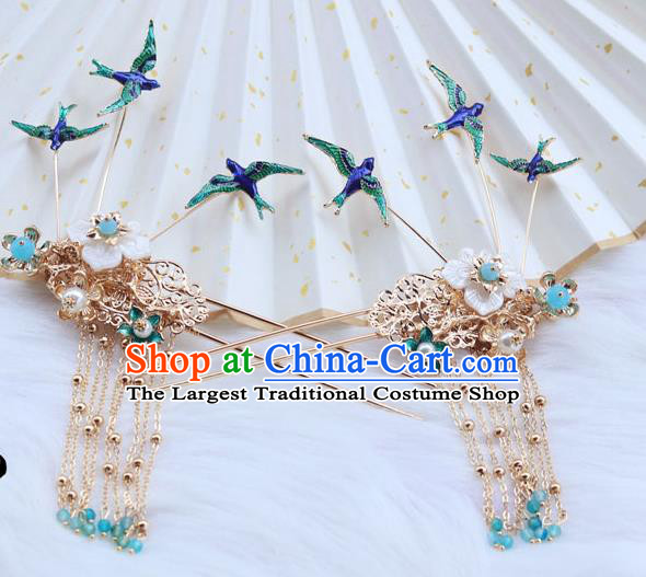 Chinese Ancient Hanfu Hair Clip Hair Accessories Women Headwear Blueing Birds Tassel Hairpin