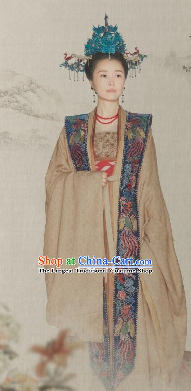 Ancient Chinese Queen Mother Historical Costumes Apparel and Headdress Drama Serenade of Peaceful Joy Song Dynasty Empress Dowager Liu E Garment