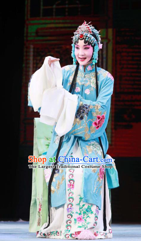 Traditional Chinese Peking Opera Female Actor Garment Dress Return of the Phoenix Hua Tan Costumes Blue Dress and Headdress