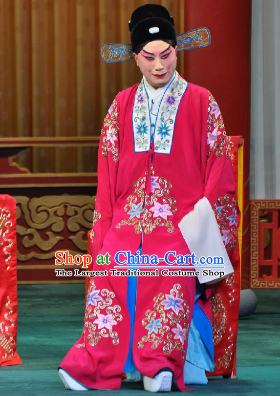 Chinese Beijing Opera Young Male Costumes Garment Peking Opera Return of the Phoenix Apparels Crown Prince Wedding Rosy Robe and Hat