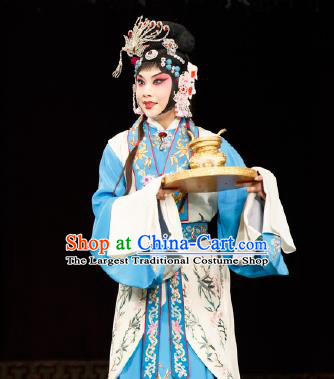 Chinese Peking Opera Hua Dan Garment Costumes Traditional Lv Bu and Diao Chan Apparels Diva Blue Dress and Headwear