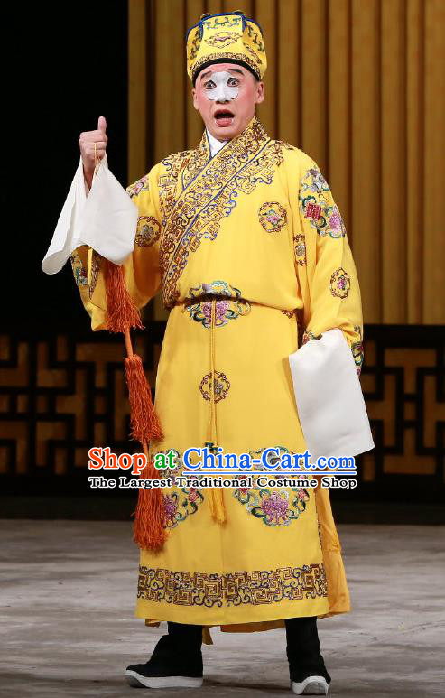 Chinese Beijing Opera Ugly Prince Costumes Garment Peking Opera Return of the Phoenix Apparels Clown Yellow Robe and Headwear