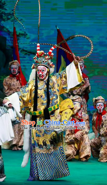 Chinese Peking Opera Havoc In Heaven Wusheng Costumes Garment Apparels Monkey King Embroidered Robe and Headwear Complete Set