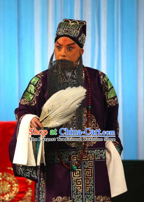 Chinese Beijing Opera Elderly Male Garment Peking Opera the Empty City Stratagem Zhuge Liang Purple Apparels Costumes and Hat