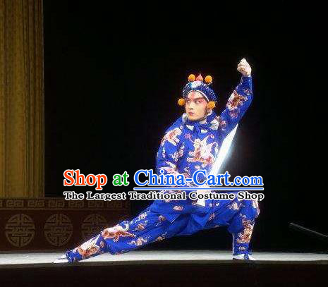 Chinese Kun Opera Martial Male Blue Costumes Garment Peking Opera Yandang Mountain Wusheng Apparels and Hat