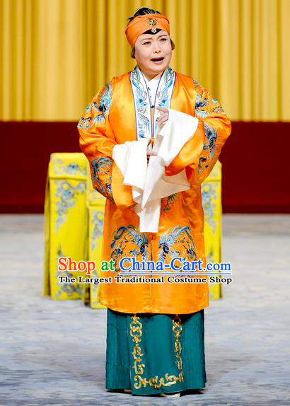 Chinese Peking Opera Elderly Female Garment Costumes Traditional Watch Tower Wang Er Lou Apparels Laodan Golden Dress and Headwear