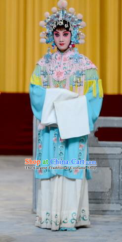 Chinese Peking Opera Hua Tan Garment Costumes Traditional Watch Tower Wang Er Lou Apparels Court Maid Blue Dress and Headwear