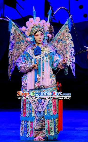 Chinese Traditional Yangmen Female General Peking Opera Blues Garment Costumes Apparels Mu Guiying Kao Armor Suit with Flags and Headwear