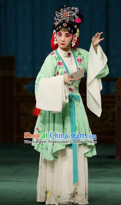 Chinese Traditional Peking Opera Apparels Costumes Matchmaker Garment Young Actress Hong Niang Green Dress and Headwear