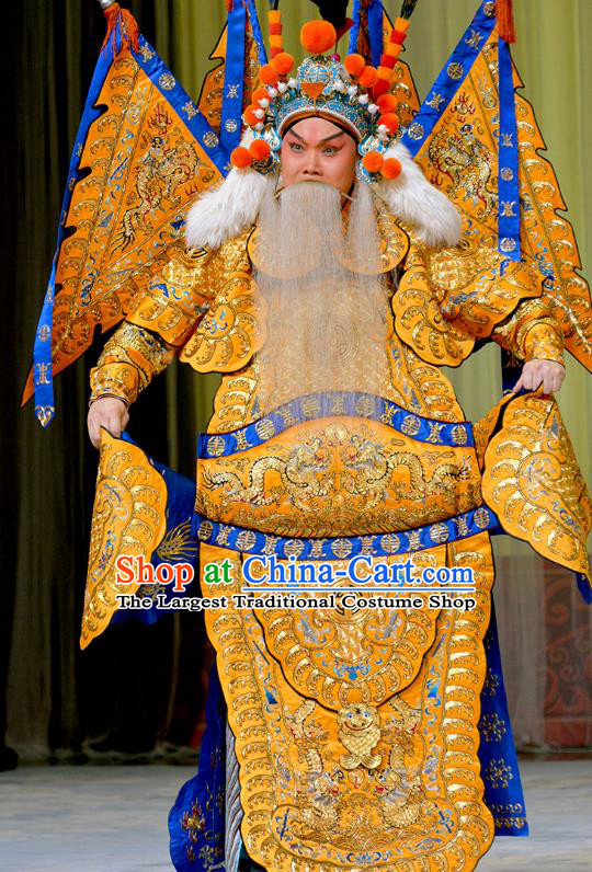 Chinese Peking Opera Kao Costumes Zhu Lian Zhai Apparels Wu Sheng Garment General Yellow Armor Suits with Flags and Headwear