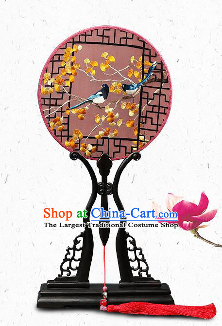 Chinese Traditional Embroidered Ginkgo Palace Fans Handmade Classical Dance Ebony Round Fan for Women