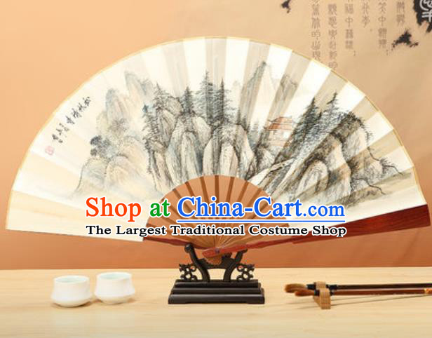 Chinese Traditional Ink Painting Pinewood Temple Paper Folding Fans Handmade Accordion Classical Dance Folding Fan