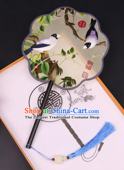 Chinese Traditional Embroidered Birds Silk Fans Handmade Classical Dance Ebony Palace Fan for Women