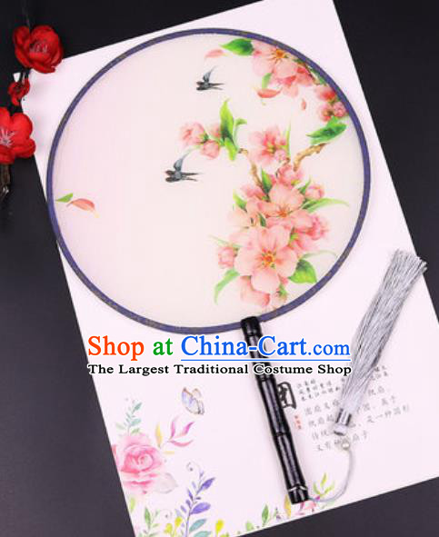 Chinese Traditional Printing Peach Blossom Round Fans Handmade Classical Dance Ebony Palace Fan for Women
