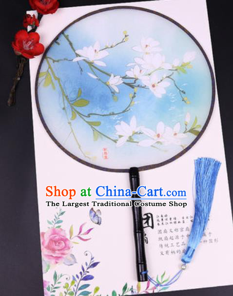 Chinese Traditional Printing Mangnolia Round Fans Handmade Classical Dance Ebony Palace Fan for Women