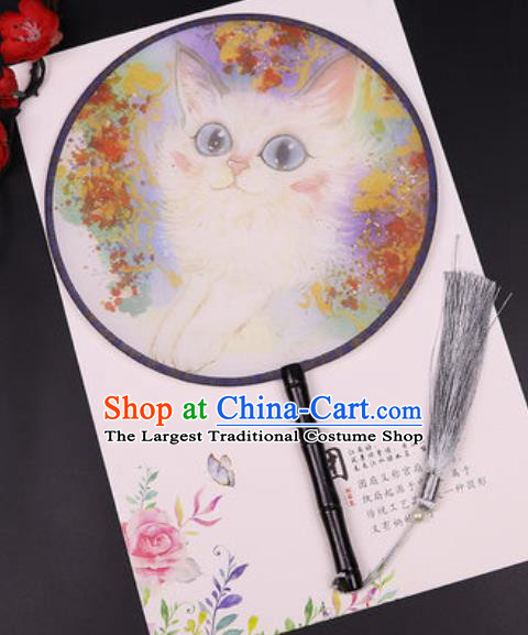 Chinese Traditional Printing Cat Round Fans Handmade Classical Dance Ebony Palace Fan for Women