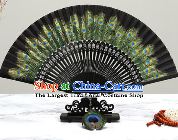 Chinese Traditional Printing Peacock Feather Black Silk Fan Classical Dance Accordion Fans Folding Fan