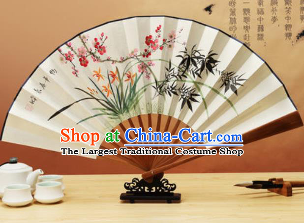 Chinese Traditional Hand Painting Orchids Plum Bamboo Paper Fan Classical Dance Accordion Fans Folding Fan