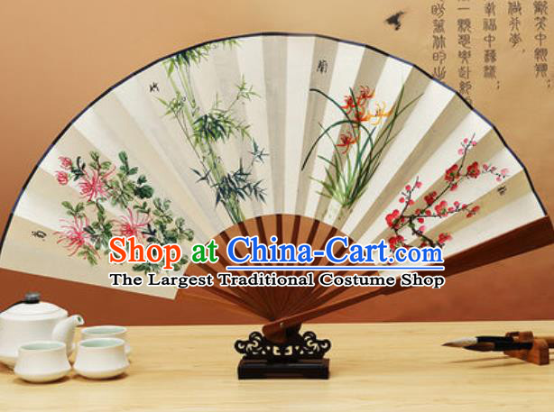 Chinese Traditional Hand Painting Orchids Plum Chrysanthemum Bamboo Paper Fan Classical Dance Accordion Fans Folding Fan